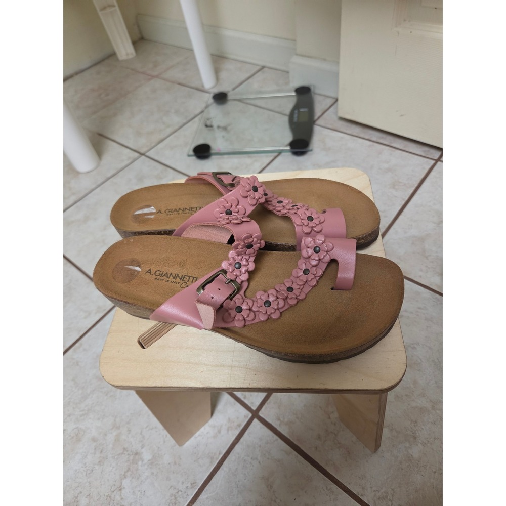 A. Giannetti Comfort Pink Leather Floral Cork Sandals Made‎ in Italy Womens